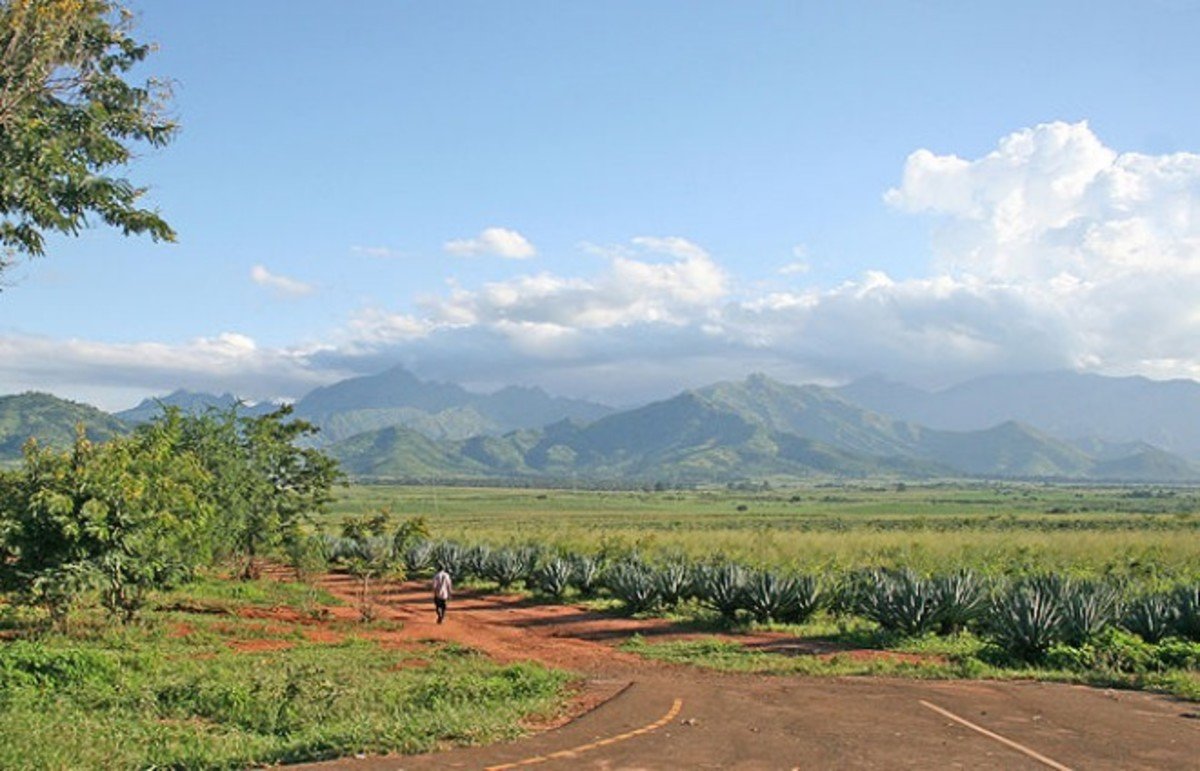 Person walking down a dirt road toward a mountain shrouded in clouds.